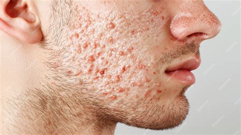 closeup  severe acne  male face highlighting skin condition