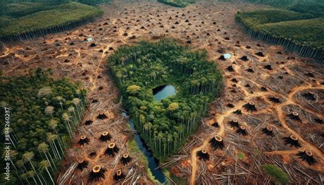 An aerial view of deforestation in a tropical rainforest, illustrating ...