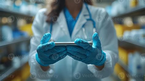 Gloved nurse recording virus infection data on tablet, close-up