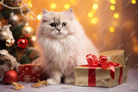 Premium AI Image | christmas cat portrait of fat fluffy cat next to ...