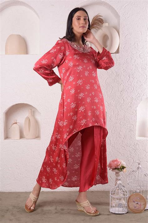 Buy Surabhi Arya Red Modal Satin Asymmetric Kurta And Tulip Pant Set