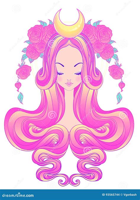 Cute Teen Girl with Closed Eyes and Long Hair. Mix of Art Nouveau and ...