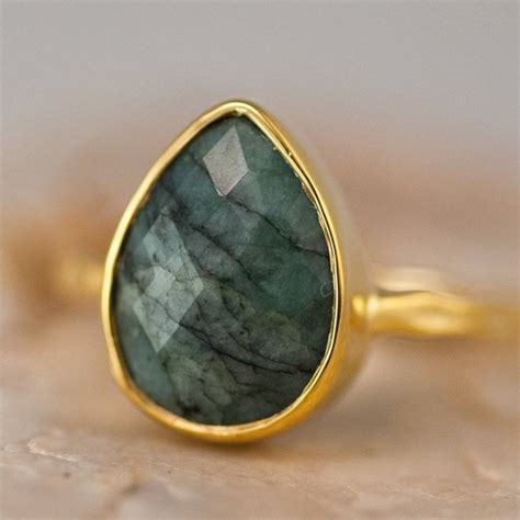 Raw Emerald Ring Gold - May Birthstone Ring - Solitaire Emerald Ring