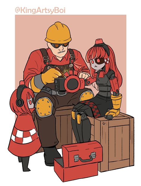 engineer, red engineer, mimi-sentry, and mini-sentry-chan (original and