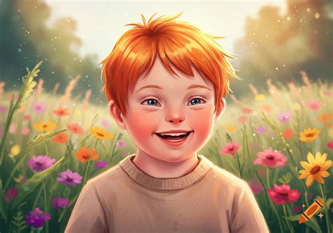 illustrated boy  red hair  freckles smiling   field