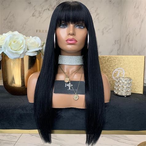 Long Straight Natural Black Wig with Bangs Black Wig for | Etsy