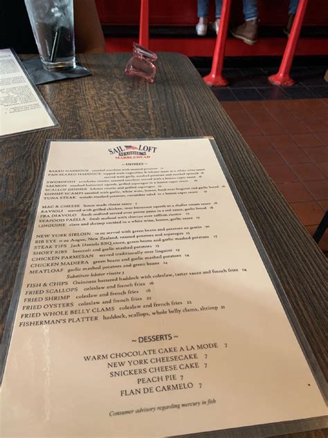 Menu at Maddie's Sail Loft restaurant, Marblehead