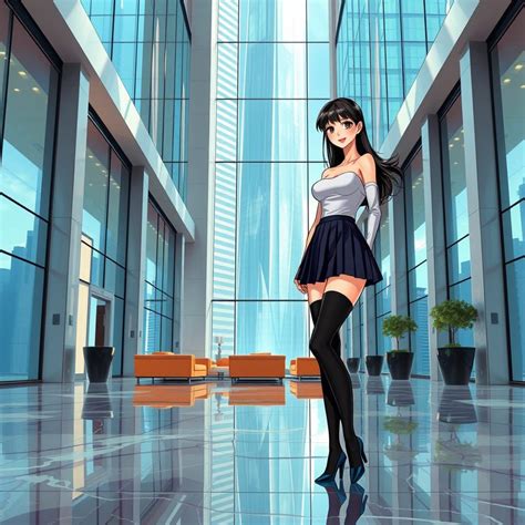 anime tall girl she is inside a skyscraper