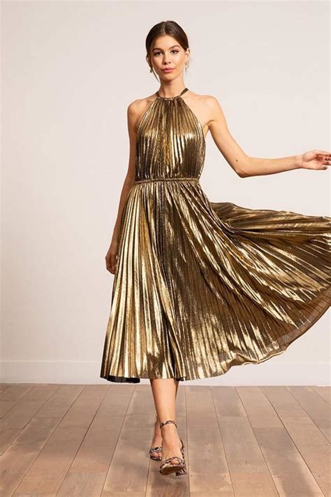 Foil Print Pleated Knit Evening Gown | Long Metallic Foil V- Neck Dress