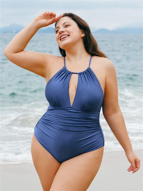 Blue Halter Ruched Plus Size One-Piece Swimsuit & Reviews - Blue
