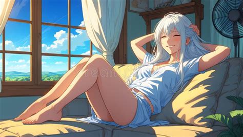 Relaxed Anime Girl with White Hair Lounging in Cozy Room with Scenic