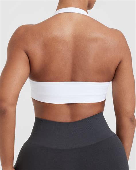White Halter Neck Sports Bra - Seamless White Marl | Oner Active