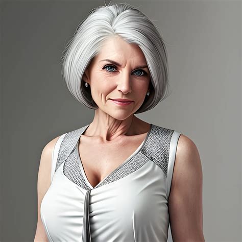 White and Gray haired woman with top heavy chest in a low cut form
