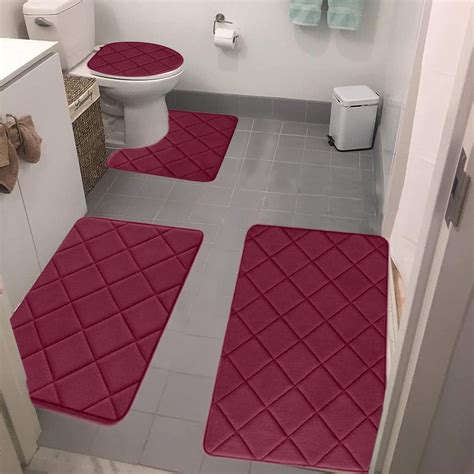 This Red Four-piece Bathroom Rug Features a Latex Slip-resistant Sole