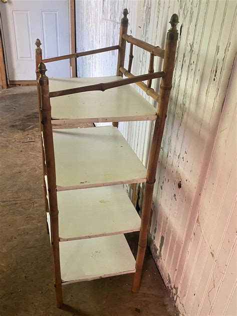 Small English Bamboo Bookcase w/ Painted Wood Shelves and Brass Finials