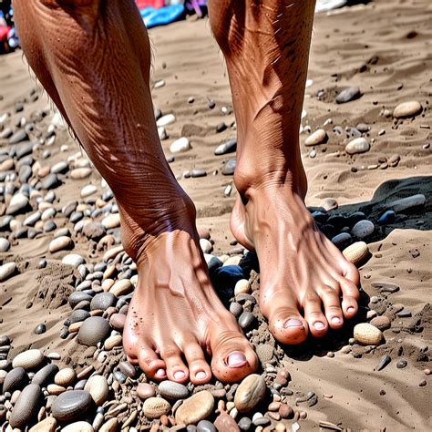 close   strong veiny feet standing   pebbly beach surface