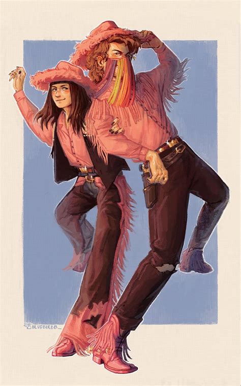 a drawing of two people dressed in western style clothing and hats, one ...