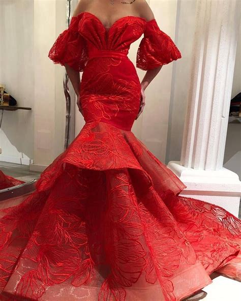 luxury red evening dresses long   shoulder lace applique elegant