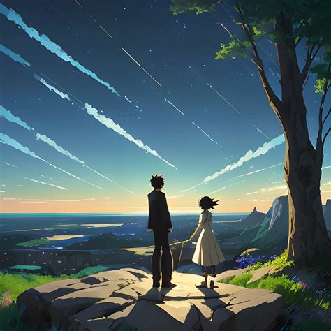 anime scenery of two people standing on a rock looking at the sky