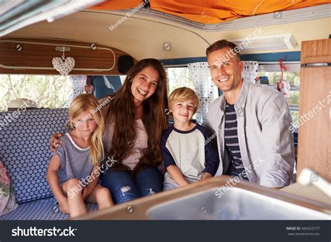 smiling family portrait  camper van stock photo