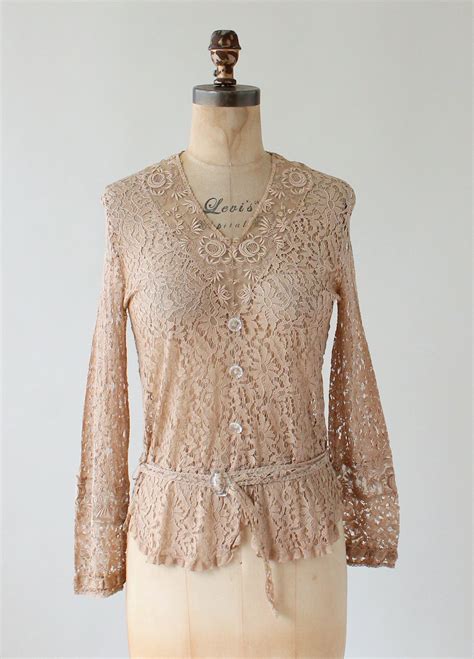Vintage 1930s Nude Lace Blouse with Glass Buttons - Raleigh Vintage