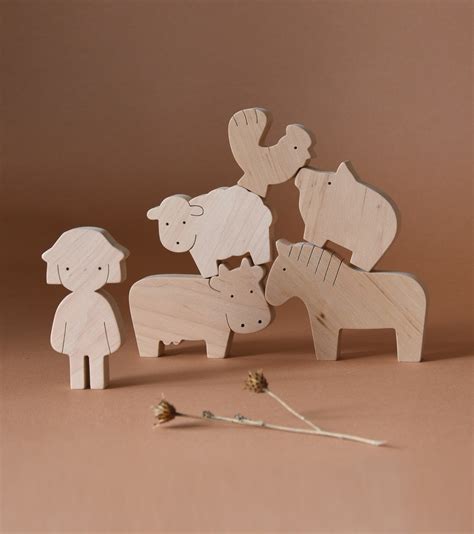 Wooden Farm Animal Toy Set With a Little Girl Exclusive Design Natural Wood Handmade Educational ...