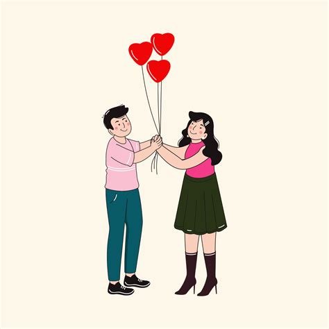 Illustration Of Young Couple Holding Heart Balloons Together In