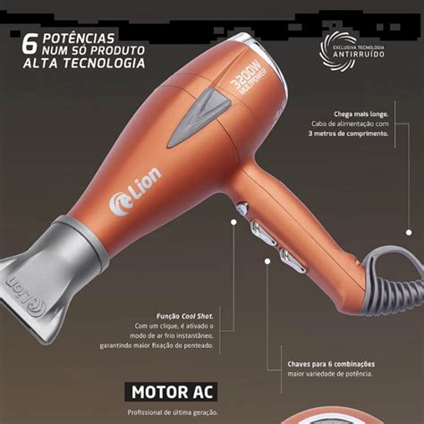 Marca De Secador Profissional - Secador de Cabelo Profissional 3200W Lion Preto Fosco com Display ...