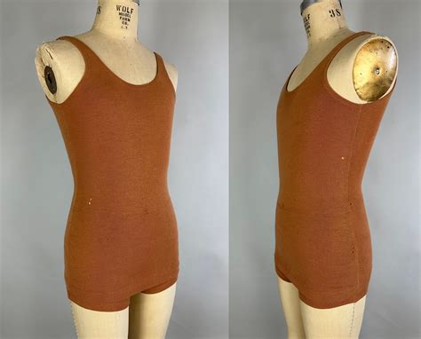 1920s Peachy Keen Swimsuit | Vintage 20s Orange Wool Knit One Piece