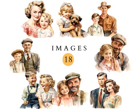 Retro and Vintage Family Watercolor Clipart - 1950s Clip Art, Retro