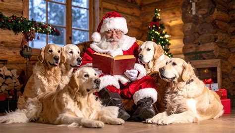 Santa Claus reads story, bringing joy to loyal golden retriever dogs