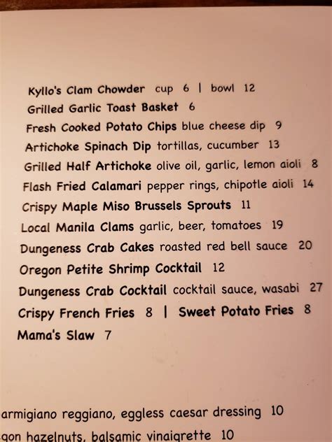 Menu at Kyllo’s Seafood & Grill restaurant, Lincoln City