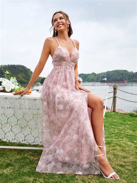 Floral print split thigh criss cross back mesh bridesmaid dress – Artofit