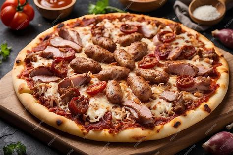 premium photo meat feast barbecue pizza   topping  pepperoni