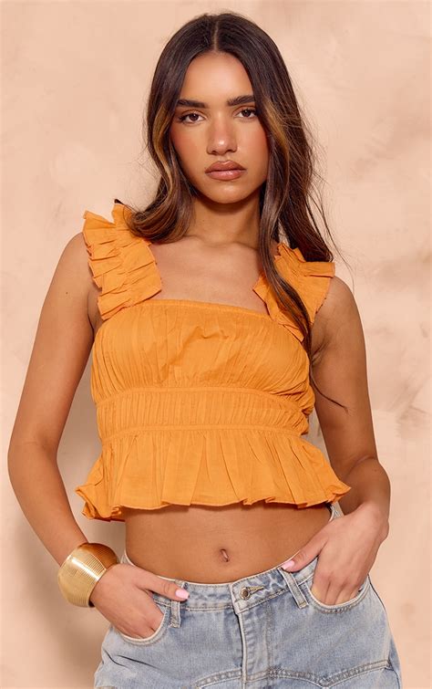 orange cotton poplin ruched crop top tops plt