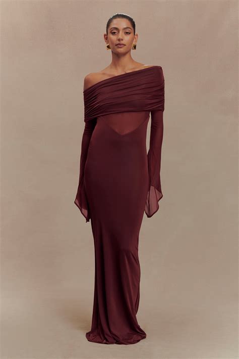 Kaitlin One Shoulder Slinky And Mesh Maxi Dress - Burgundy & MESHKI