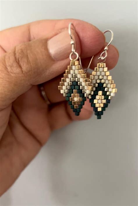 Lynne Marie Chevron Pattern Brick Stitch Beaded Earrings in Blue