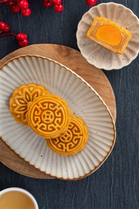 Delicious Cantonese Moon Cake for Mid-Autumn Festival Food Mooncake on Blue Table Background ...