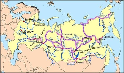 Реки в Русия - на картата реки Русия (Източна Европа - Европа)