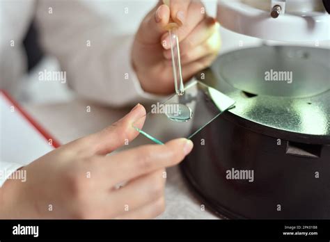 Chemical, biology. Scientist taking a sample of blue liquid with a ...