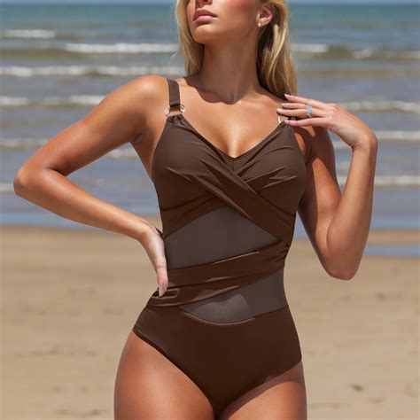 Aobny Sheer Retro Women's One-Piece Swimsuits Brown Tan Through
