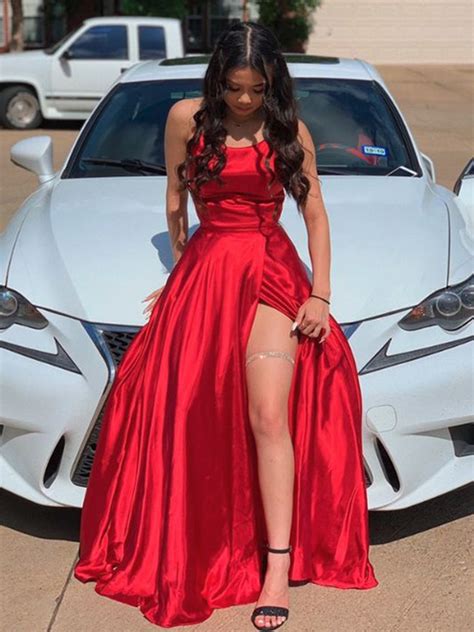 Red Satin Long Prom Dresses, Red Satin Long Formal Graduation Dresses