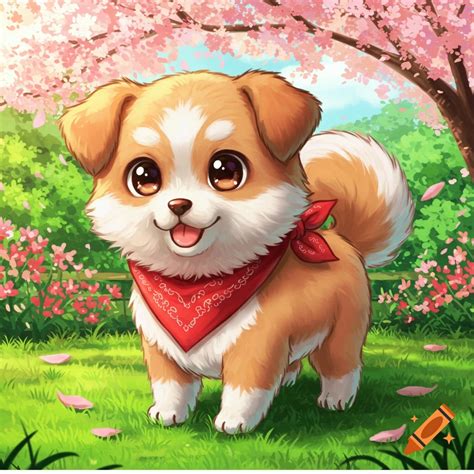 cute anime style puppy wearing  red bandana standing   sunny