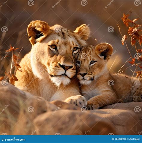 Lioness Cuddles with Her Young Cub - AI Generated Stock Illustration