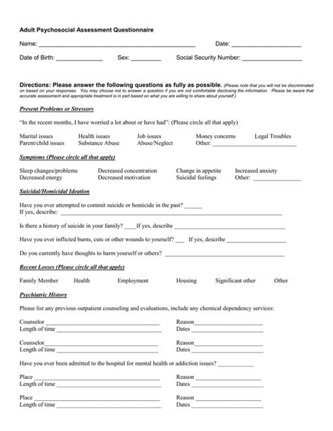 Psychosocial Assessment Questionnaire For Adults