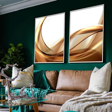 Quadro Chique Para Sala De Estar - Conjunto de 2 Quadros Decorativos para Sala de Estar Abstrato Dourado