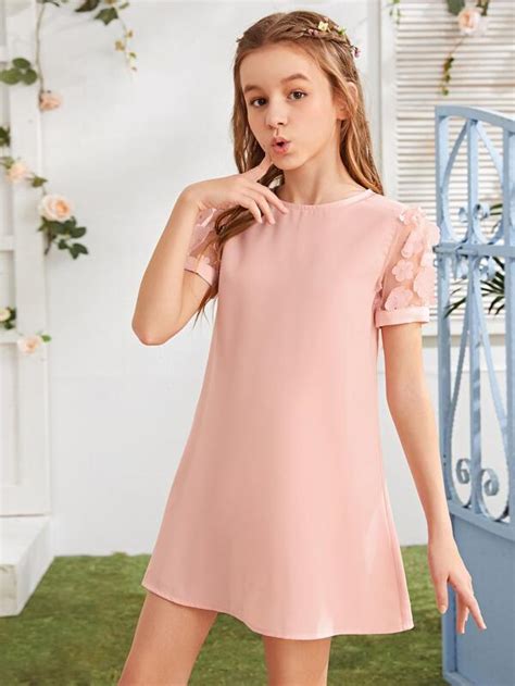SHEIN Kids Nujoom Vestido de niñas de manga de malla con aplique | Moda