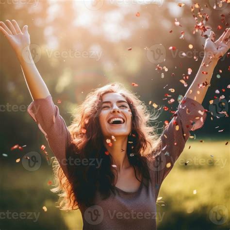 Happy woman celebrating a beautiful life AI Generative 32689772 Stock