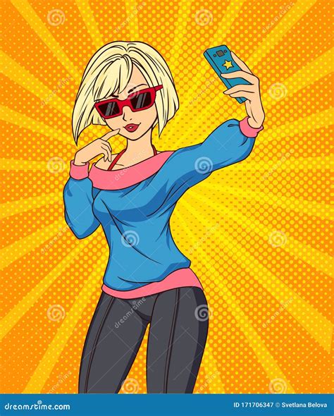 Sexy Cartoon Girl Takes A Selfie. Pop Art Style Hand Drawn Vector