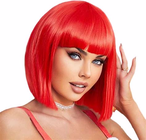 Amazon.com : YOUNIGA Red Bob Wig With Bangs 12 Inch Short Synthetic ...